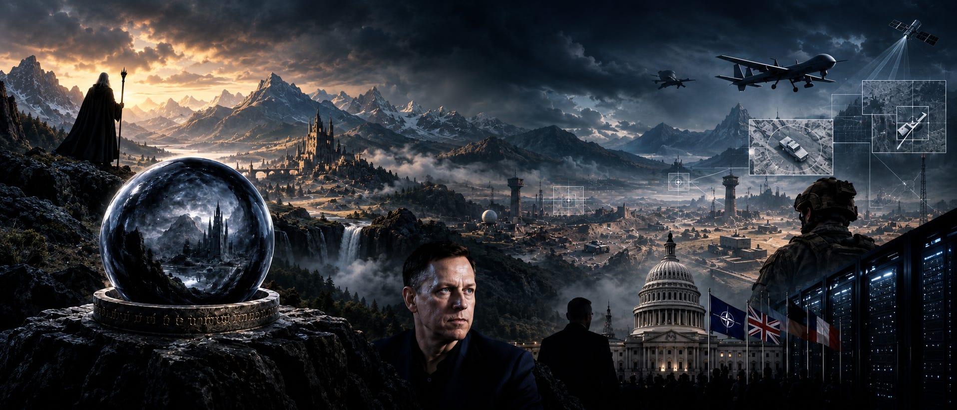 Editorial illustration linking Tolkien's seeing stones with military drones, satellite imagery and government data infrastructure.