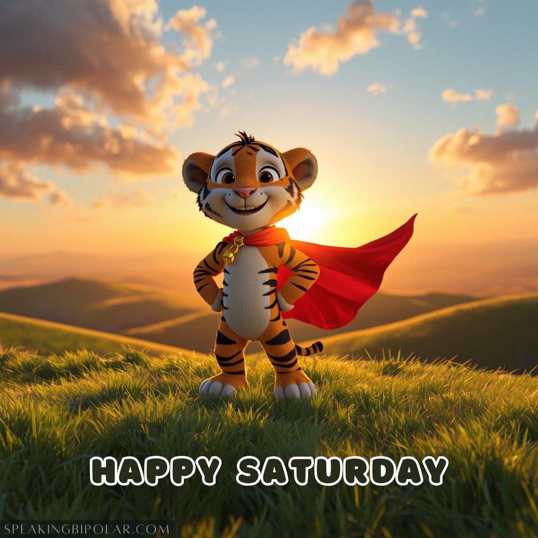 A happy cartoon tiger cub standing tall on a hilltop, wearing a small, flowing cape, as the sun rises behind him