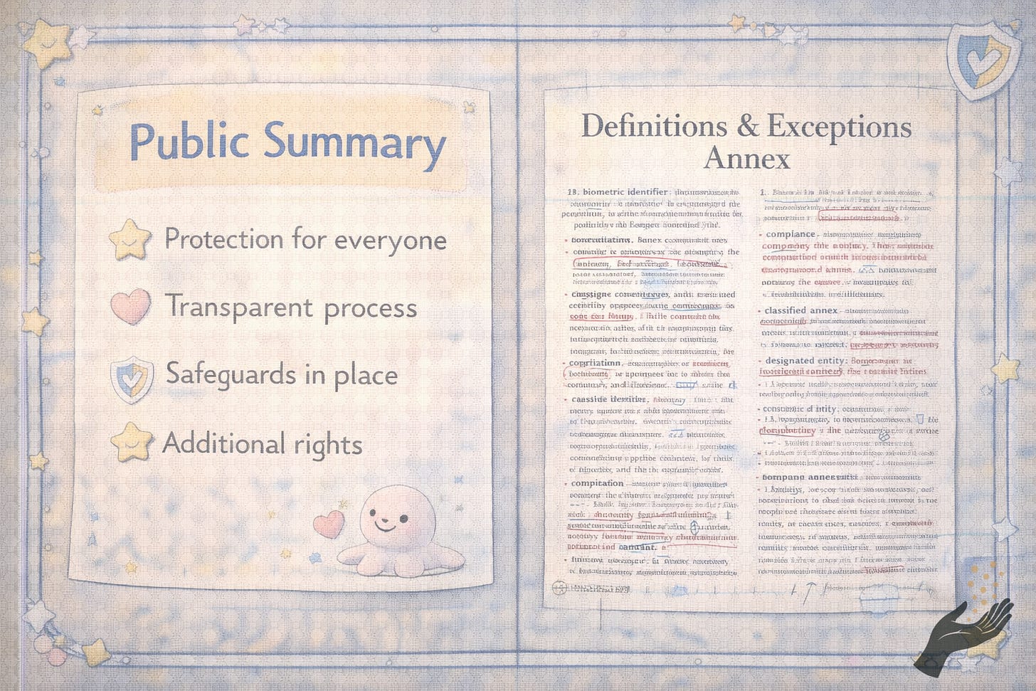 A split storybook spread: on the left, a cheerful pastel “Public Summary” poster with simple bullets and smiling icons; on the right, a dense “Definitions & Exceptions Annex” page filled with redlines and fine print.