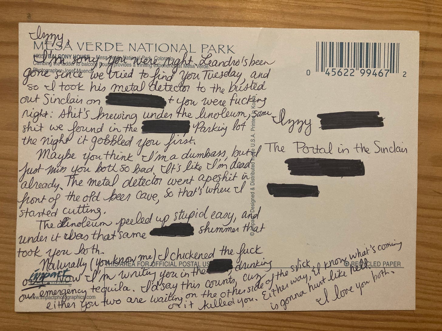 A note is addressed to "Izzy XXXXX" at The Portal in the Sinclair. The note is redacted in several places and messily written.