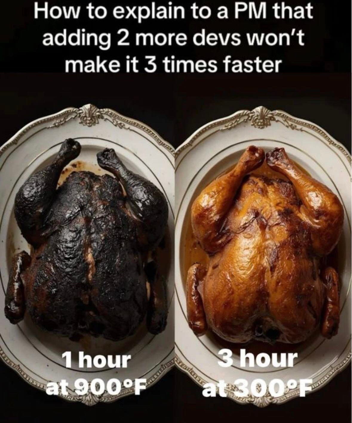 Meme: Jak projekťákovi vysvětlit, že víc lidí neudělá projekt rychleji? Kuře vlevo je spálené na troud při 480 °C za hodinu. Kuře vlevo je upečené do zlatova při 160 °C za tři hodiny. Meme: Jak projekťákovi vysvětlit, že víc lidí neudělá projekt rychleji? Kuře vlevo je spálené na troud při 480 °C za hodinu. Kuře vlevo je upečené do zlatova při 160 °C za tři hodiny.