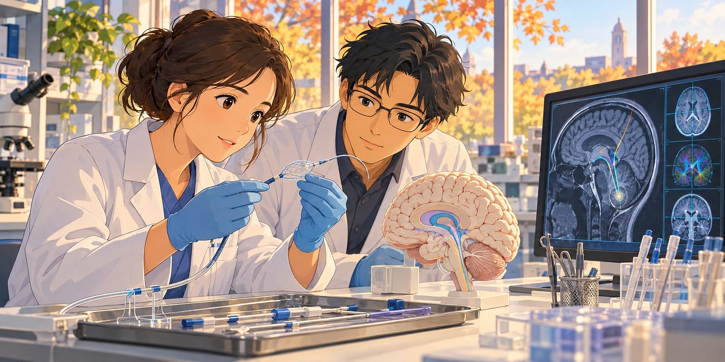Scientists and engineers working indoors on precision brain-treatment technology, with windows behind them.