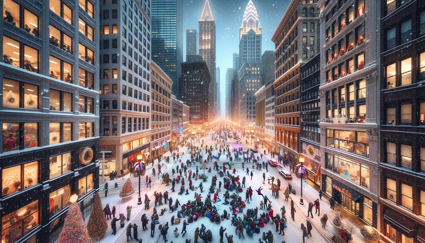 A wide-angle view of a bustling American city during a festive winter evening. Snow is gently falling, covering the streets and buildings with a soft white blanket. The city is alive with holiday cheer: people, bundled up in warm winter clothes, are seen celebrating on the sidewalks, some are taking selfies, others are laughing and chatting animatedly, and children playfully toss snowballs. The towering skyscrapers are adorned with festive lights and decorations, adding to the holiday spirit. Street lamps cast a warm glow on the snowy pavements, and the occasional car passes by, its headlights reflecting off the snowflakes. This scene captures the essence of winter joy and urban celebration in an American city, all in a landscape format.