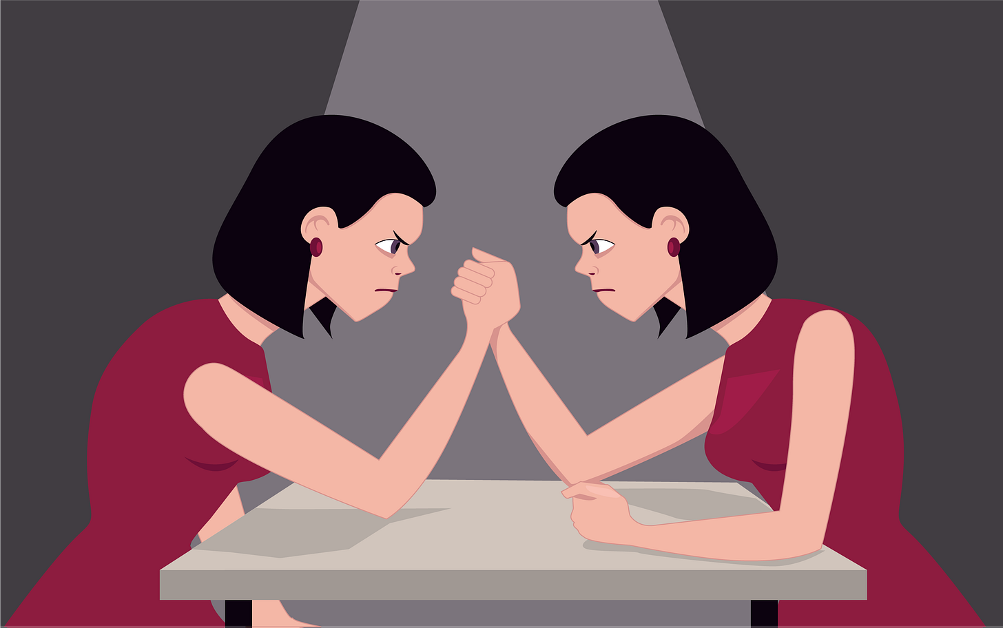 Two identical women with dark hair and maroon dresses arm wrestle at a table, staring at each other intensely under a spotlight, with a dark background. Two identical women with dark hair and maroon dresses arm wrestle at a table, staring at each other intensely under a spotlight, with a dark background.