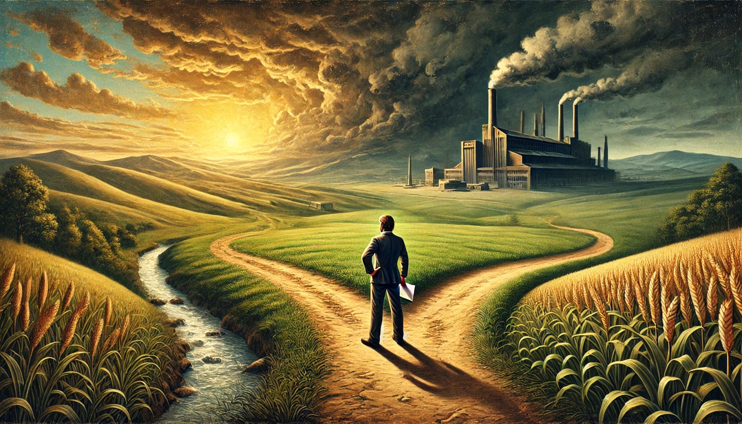 An old painting-style artwork depicting a man standing at a crossroads in a vast, open countryside. One path leads to a dark, stormy workplace with a looming, oppressive factory, while the other path leads to a sunlit, flourishing landscape symbolizing freedom and new opportunities. The man looks hesitant, holding a resignation letter in his hand, symbolizing a crucial decision moment. The scene is rich in natural details, with rolling hills, a flowing river, and a distant, hopeful sunrise.