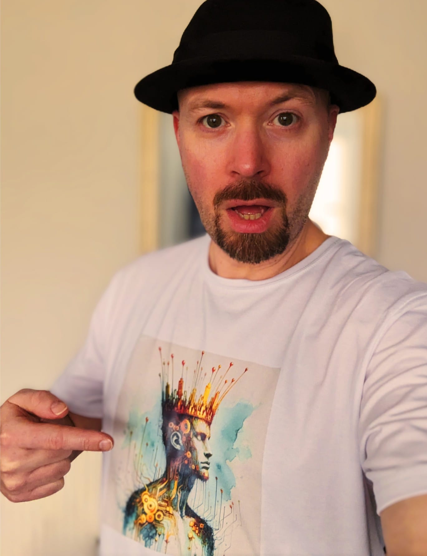 May be pop art of 1 person, beard and hat