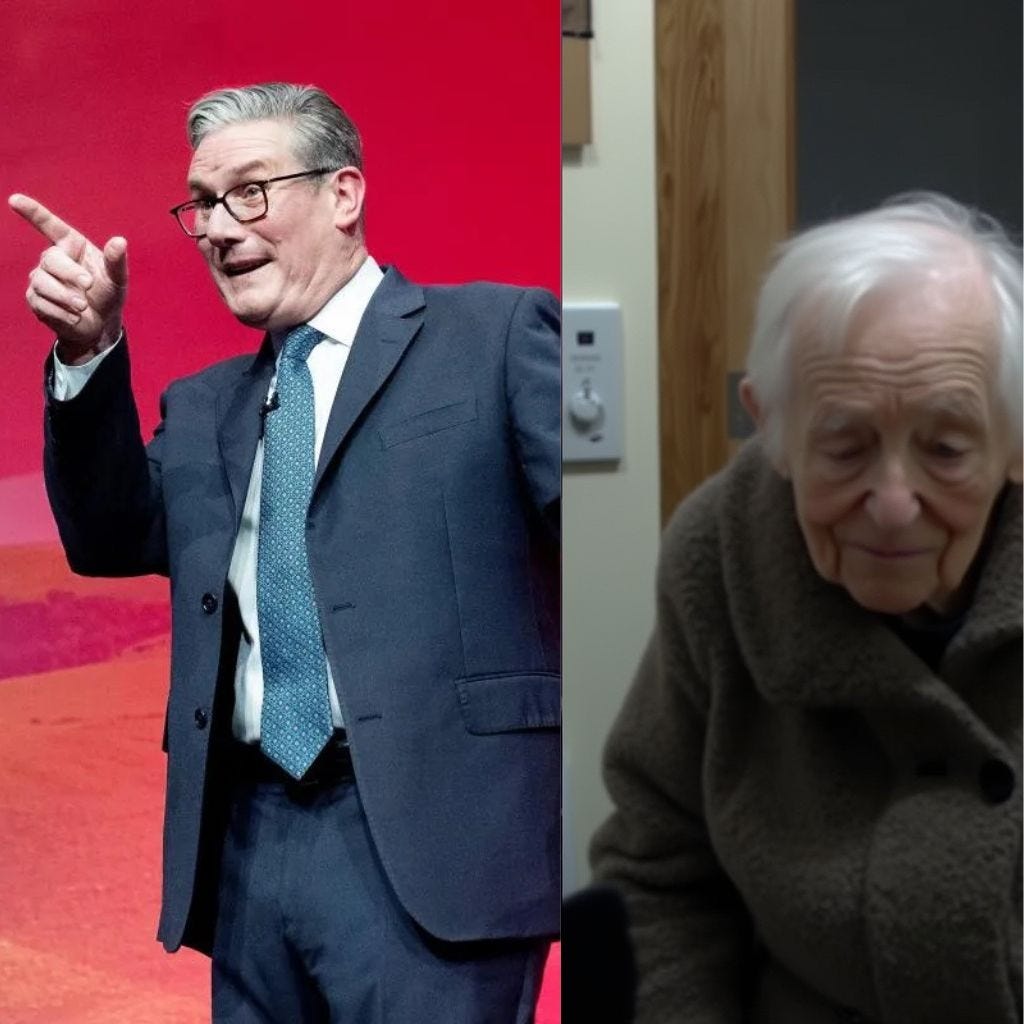 Split image showing Keir Starmer gesturing while speaking at Labour conference podium with red backdrop on left, elderly person in brown coat sitting indoors on right, illustrating contrast between political speech and impact of winter fuel payment cuts on pensioners Split image showing Keir Starmer gesturing while speaking at Labour conference podium with red backdrop on left, elderly person in brown coat sitting indoors on right, illustrating contrast between political speech and impact of winter fuel payment cuts on pensioners