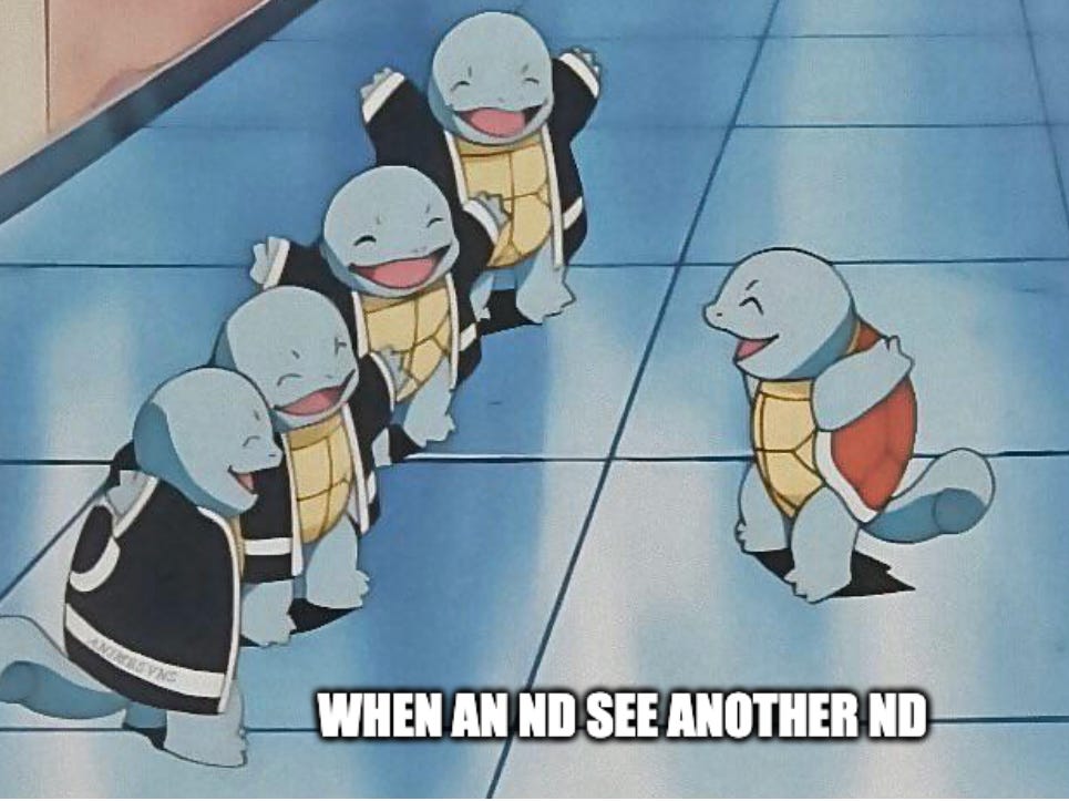 A cartoon scene from Pokémon shows four Squirtles excitedly greeting another Squirtle standing across from them. All are smiling and animated with joy. White bold text at the bottom reads, “WHEN AN ND SEE ANOTHER ND.” A cartoon scene from Pokémon shows four Squirtles excitedly greeting another Squirtle standing across from them. All are smiling and animated with joy. White bold text at the bottom reads, “WHEN AN ND SEE ANOTHER ND.”