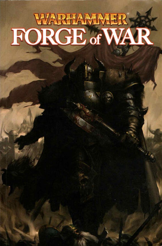The cover of Warhammer: Forge of War, depicting a Chaos Lord tossing aside a severed head as he advances with his army in tow.
