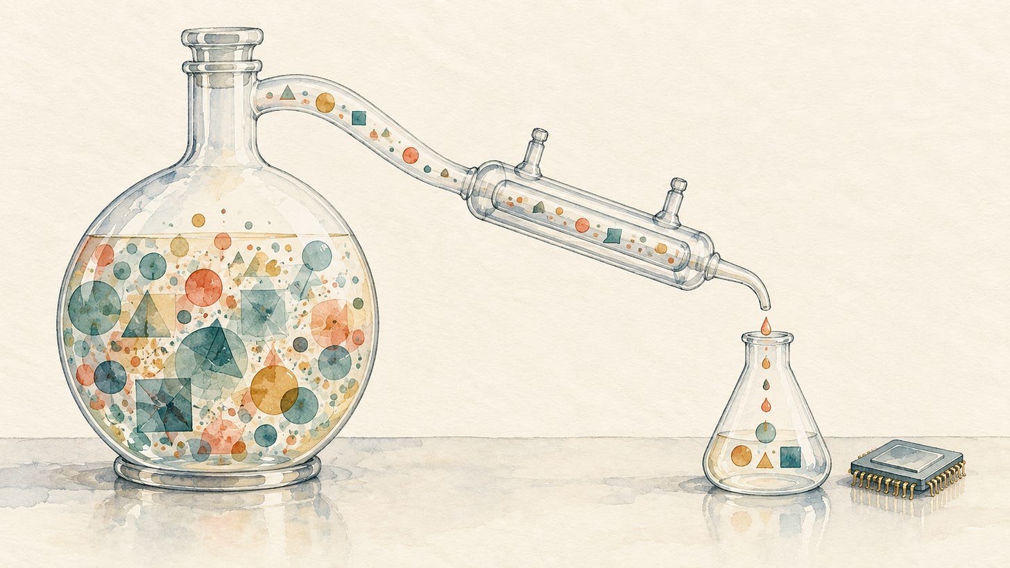 Watercolor distillation glassware carries colorful geometric shapes from a large vessel into a smaller flask beside a computer chip. Watercolor distillation glassware carries colorful geometric shapes from a large vessel into a smaller flask beside a computer chip.