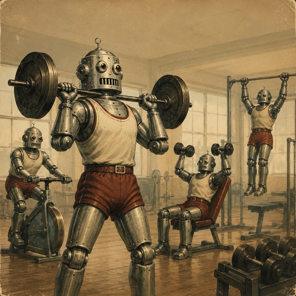A stylized, vintage-toned illustration of four humanoid robots exercising in a gym. In the foreground, a large silver robot wearing a white tank top with red trim and red shorts performs a barbell front squat with the bar resting across its shoulders. To the left, a smaller robot rides a stationary exercise bike. In the center-right, another robot sits on a bench performing a dumbbell shoulder press. In the background, a fourth robot hangs from a pull-up bar at the top of a pull-up. The gym contains large windows, weight benches, barbells, dumbbells, and other strength-training equipment on a wooden floor. The image has a sepia color palette with a textured, aged-paper appearance and worn edges.