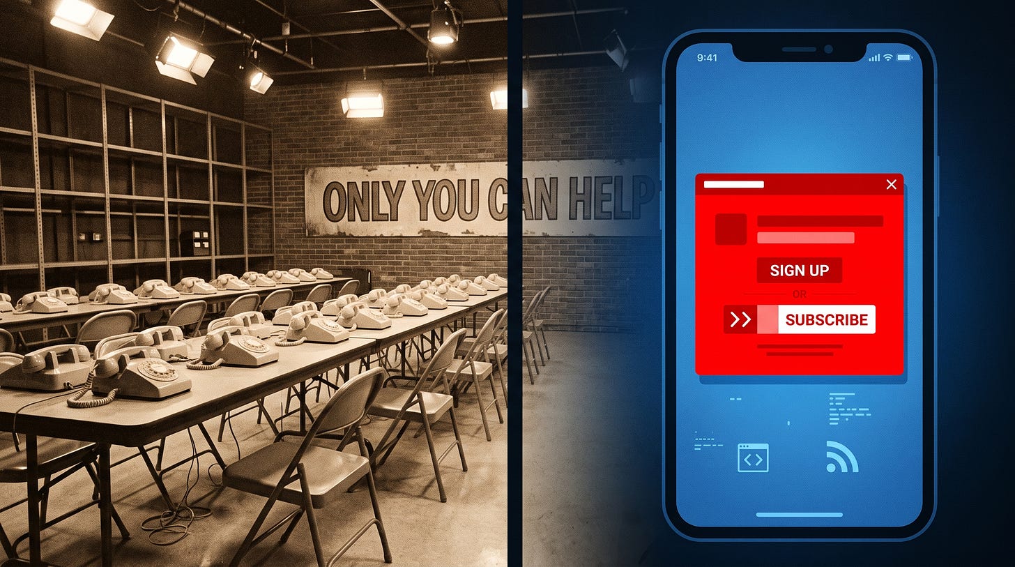 Split image contrasting a vintage sepia-toned public radio pledge-drive phone bank, rows of rotary phones and folding chairs beneath a sign reading "Only You Can Help," with a modern smartphone displaying a red subscription pop-up offering Sign Up or Subscribe options. Split image contrasting a vintage sepia-toned public radio pledge-drive phone bank, rows of rotary phones and folding chairs beneath a sign reading "Only You Can Help," with a modern smartphone displaying a red subscription pop-up offering Sign Up or Subscribe options.