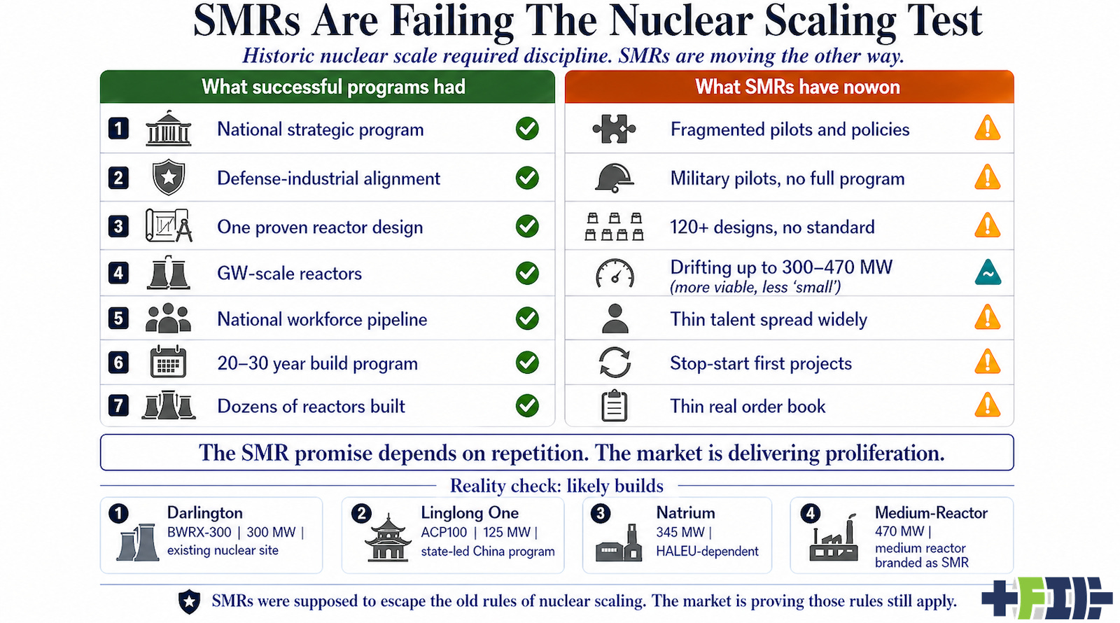 Infographic testing SMRs against nuclear scaling success criteria by author with ChatGPT