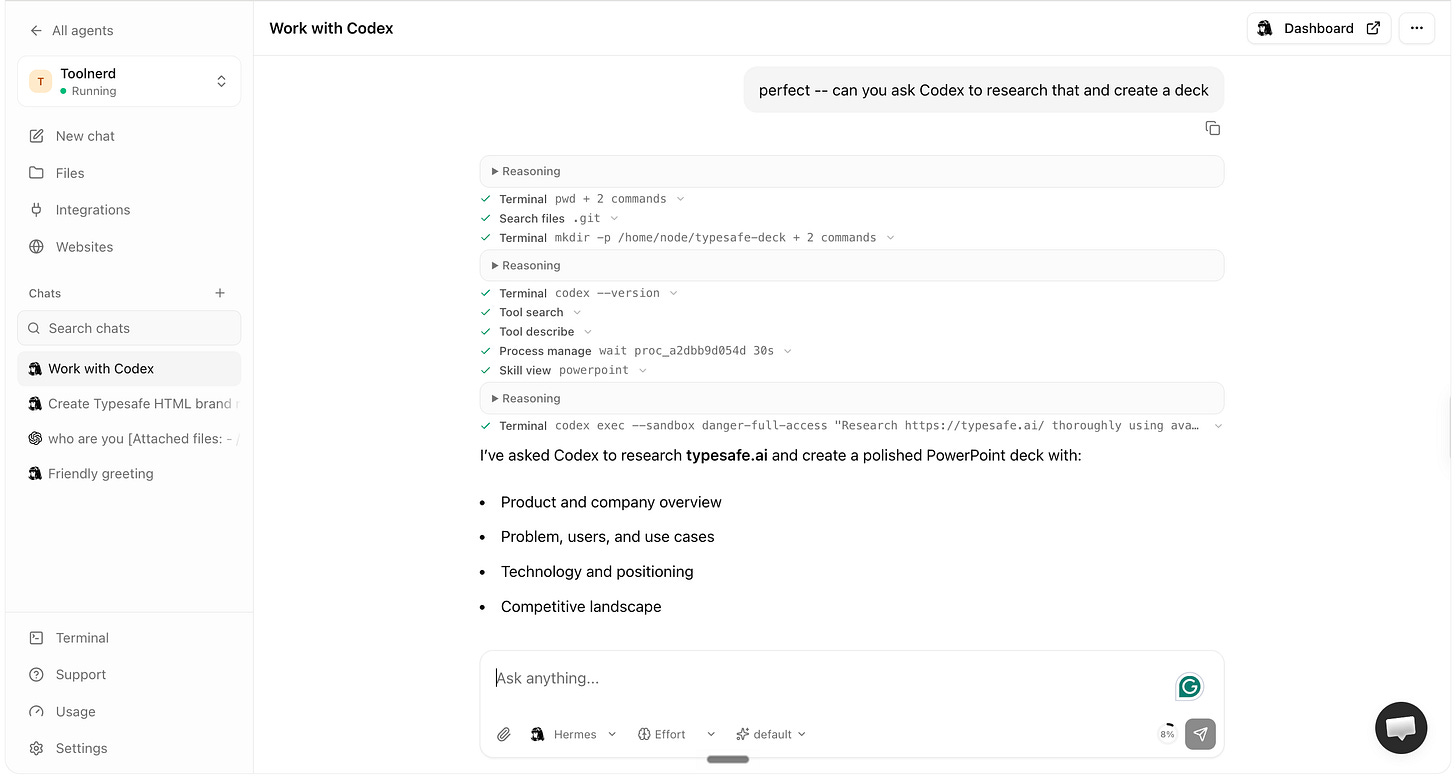 Hermes delegating a TypeSafe.ai research and PowerPoint task to Codex Hermes delegating a TypeSafe.ai research and PowerPoint task to Codex