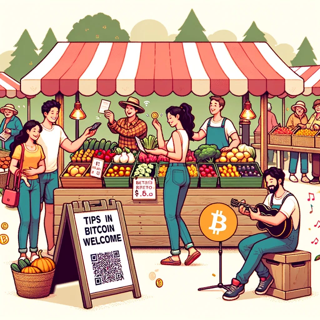 Illustration of a bustling farmer's market with vendors of diverse descent selling fresh produce. A young couple pays for their groceries by scanning a QR code on the vendor's stall, symbolizing a Bitcoin transaction. Nearby, a musician performs with a sign that reads 'Tips in Bitcoin Welcome' with a QR code below. Shoppers chat about the ease of using Bitcoin as they browse the various stalls.