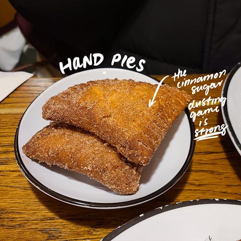 Honeymoon Chicken apple hand pie, pecan hand pie