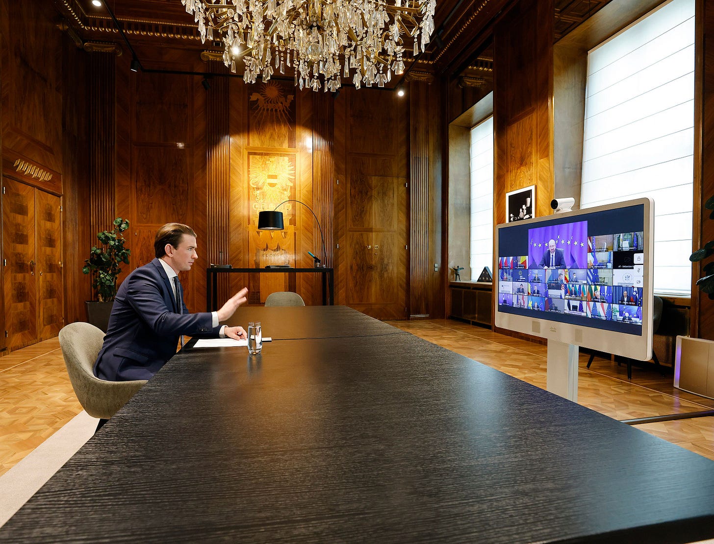Sebastian Kurz at a February 25 virtual meeting of EU heads of state and government. Credit: Dragan Tatic/BKA Sebastian Kurz at a February 25 virtual meeting of EU heads of state and government. Credit: Dragan Tatic/BKA