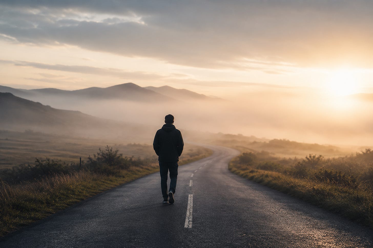A solitary person walks down a fog-covered road at sunrise, symbolizing how small changes create lasting transformation through persistence, self-trust, and sustainable personal growth. A solitary person walks down a fog-covered road at sunrise, symbolizing how small changes create lasting transformation through persistence, self-trust, and sustainable personal growth.