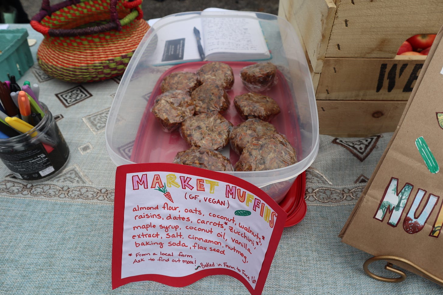 Homemade muffins in a plastic bin with a sign that reads "Market Muffins" and the ingredients.