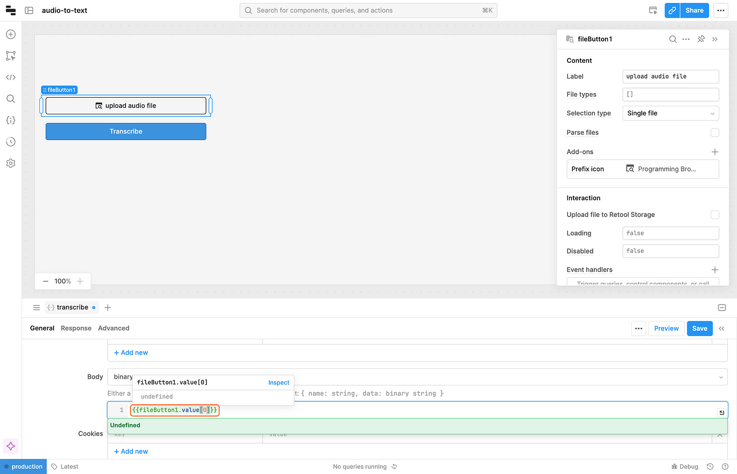 enter to {{fileButton1.value[0]}},  variable fileButton1.value refer to file uploaded, so fileButton1.value[0] get the first file in the array. we only upload one file at a time