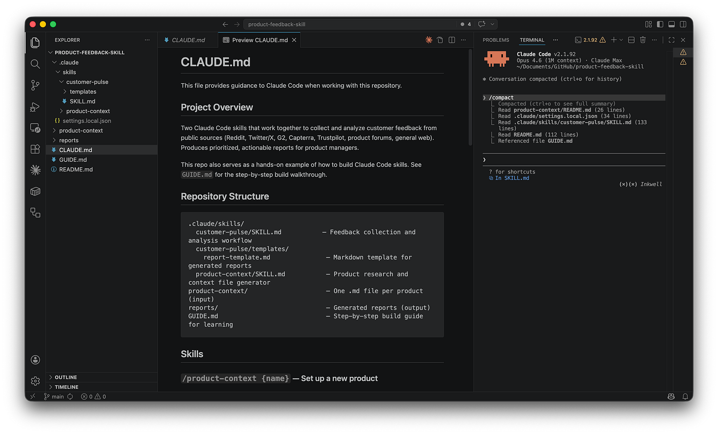 VS Code split view with CLAUDE.md preview showing Project Overview and Repository Structure on the left, and Claude Code terminal on the right. VS Code split view with CLAUDE.md preview showing Project Overview and Repository Structure on the left, and Claude Code terminal on the right.