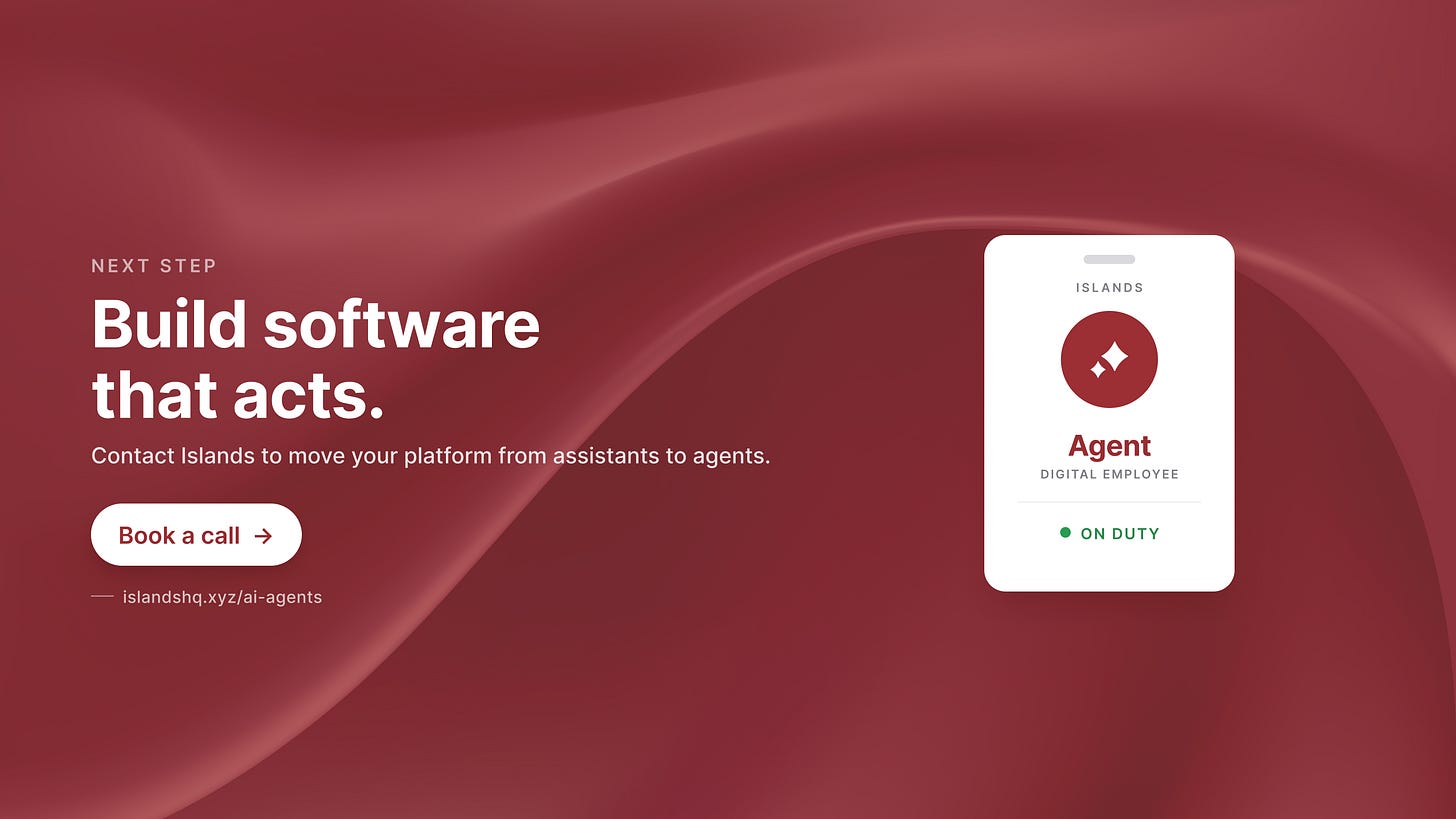 Build software that acts, with a digital-employee agent badge marked On duty and a Book a call button.