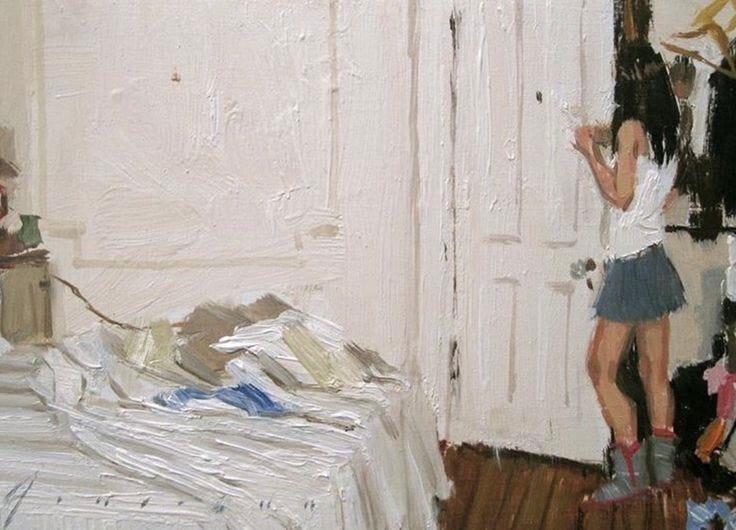 This may contain: a painting of a woman standing in front of a bed with clothes on the floor This may contain: a painting of a woman standing in front of a bed with clothes on the floor