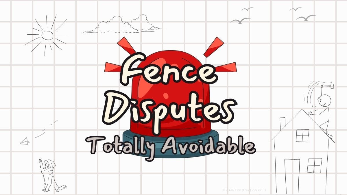 A red alarm siren with the text "Fence Disputes, Totally Avoidable" on a white grid paper background with hand-drawn sketches of a house and a dog. A red alarm siren with the text "Fence Disputes, Totally Avoidable" on a white grid paper background with hand-drawn sketches of a house and a dog.