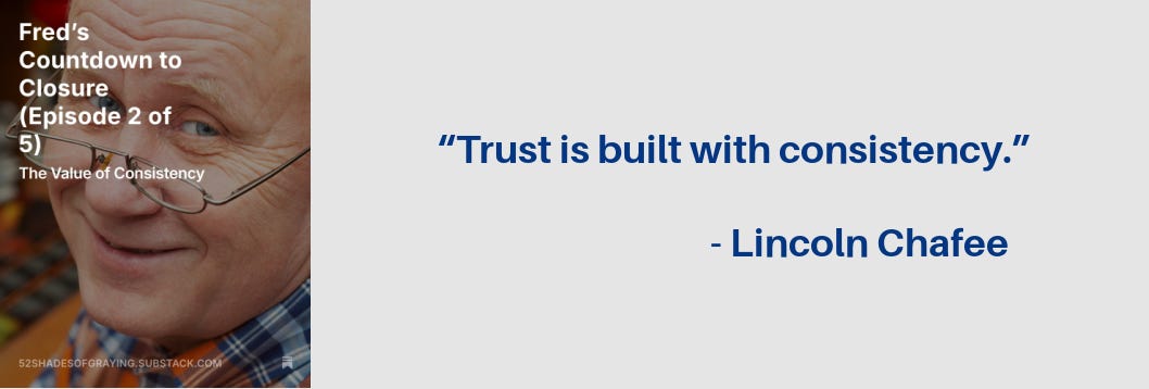 Promo fo Fred (2) story plus this quote: “Trust is built with consistency.” - Lincoln Chafee