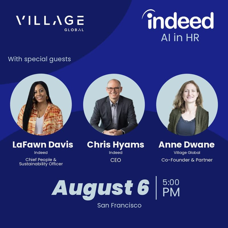 Cover Image for 'AI in HR' with Indeed.com's CEO,  CPO,  & Anne Dwane from Village Global