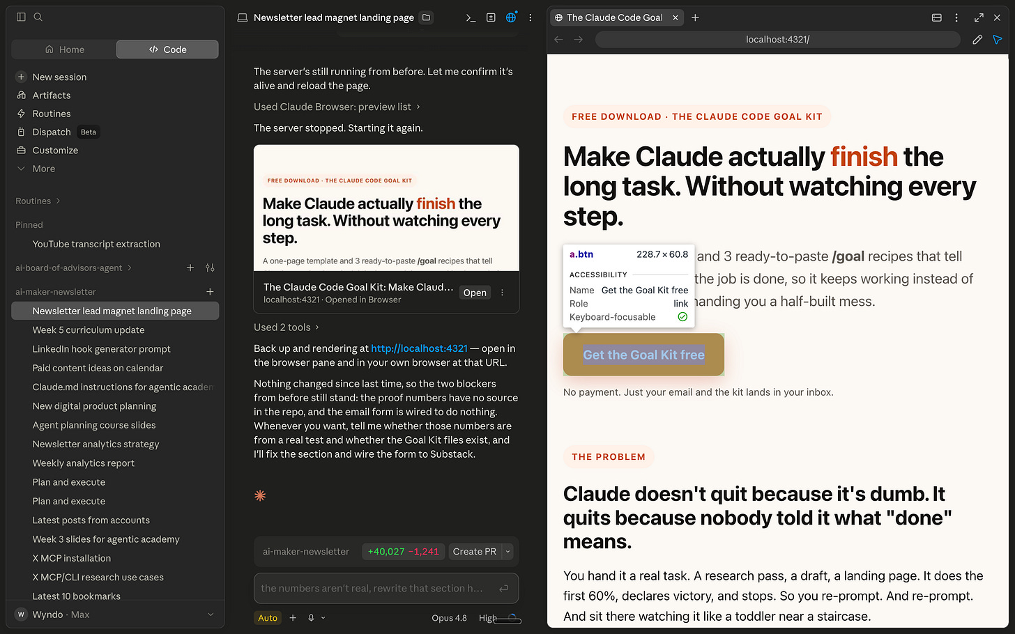 Claude Code app browser preview open beside a coding session for AI Maker website edits
