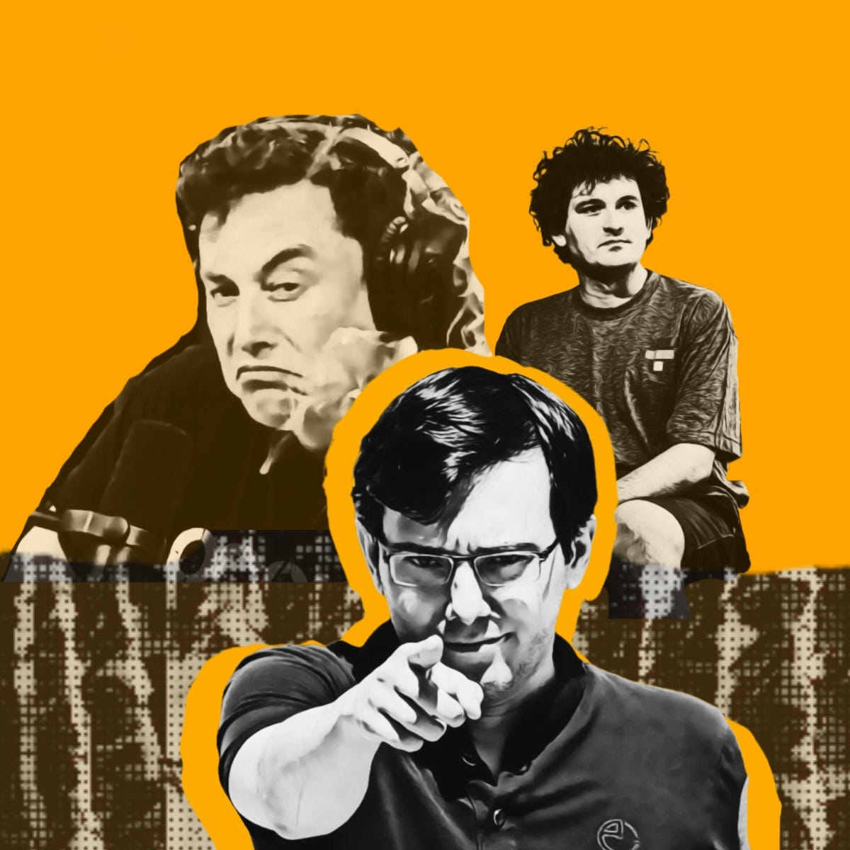 Illustration of Elon Musk, Martin Shkreli, and Sam Bankman-Fried.