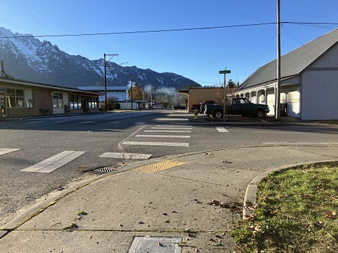 small town streets, buildings, early evening