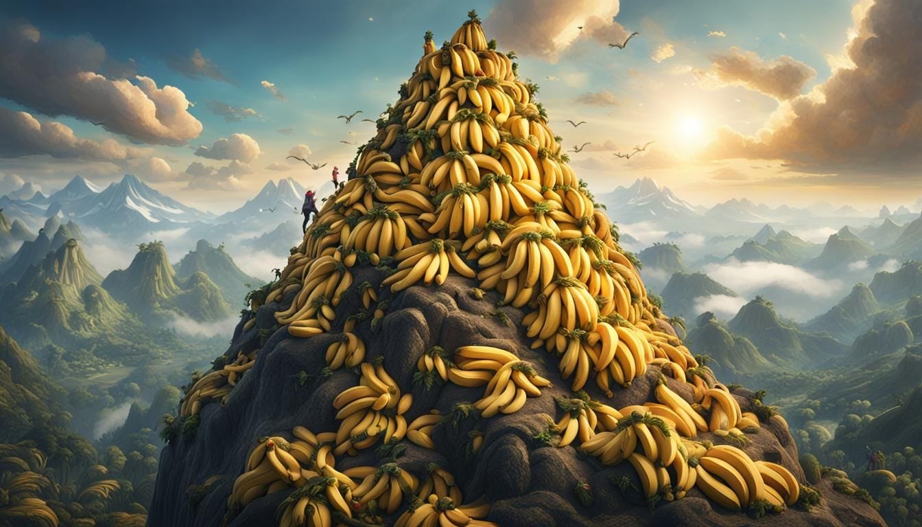 Banana Mountain Summit: A mountain peak made entirely of bananas, with climbers (wearing tiny Fed Reserve hats) reaching...