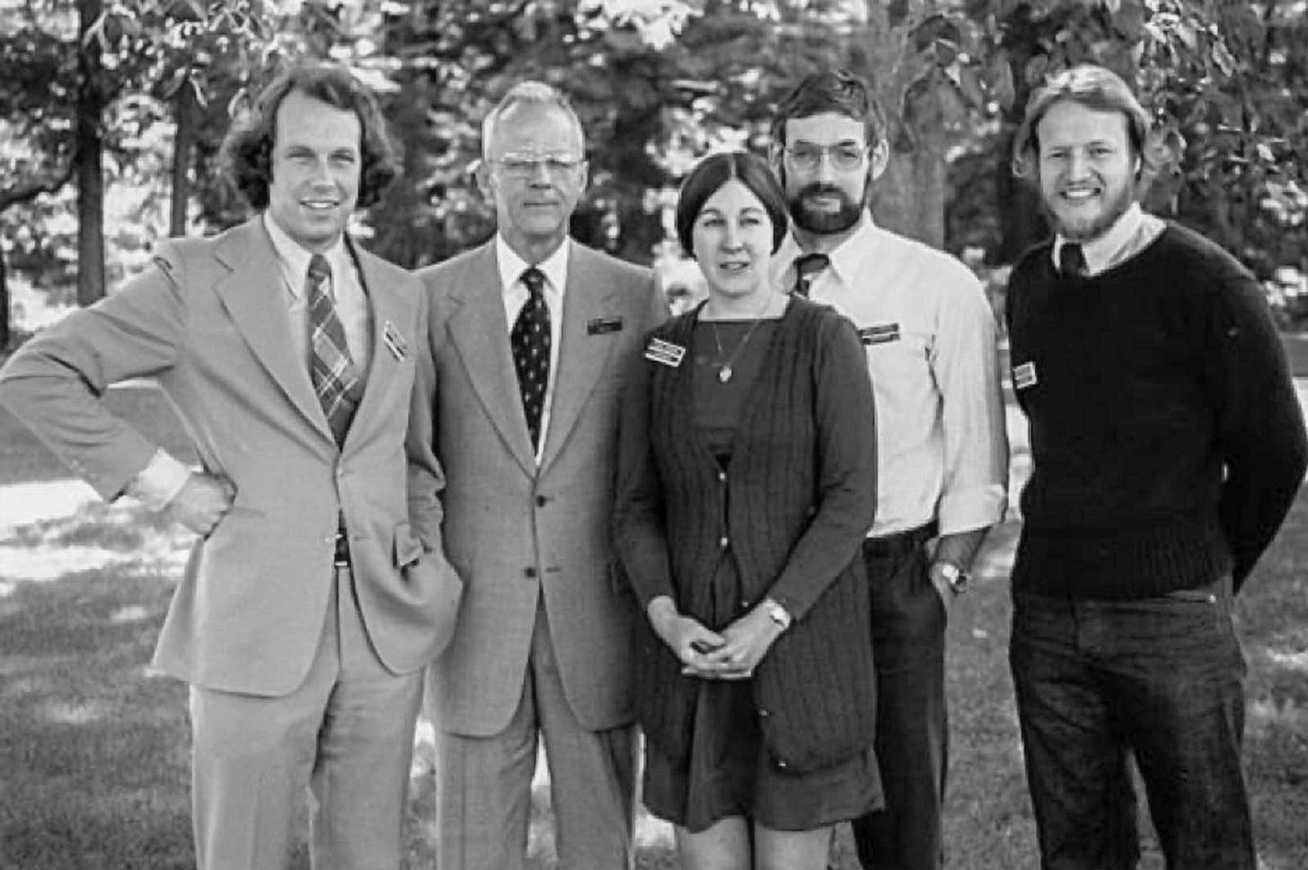 Part of the group of 17 scientists who published their findings in the book The Limits to Growth, 1972. From left to right: Jørgen Randers, Jay Forrester, Donella Meadows, Dennis Meadows, William Behrens. Photo from The Club of Rome official website.