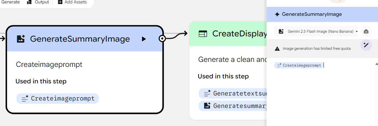 A screenshot of an Opal workflow showing the GenerateSummaryImage node connected to the CreateDisplayPage output node, with the right-side panel displaying its Nano Banana image generation prompt.