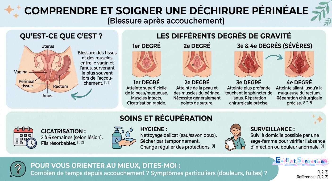 Infographie sur la cicatrisation de la déchirure du périnée : soins, hygiène et astuces de soulagement après l'accouchement