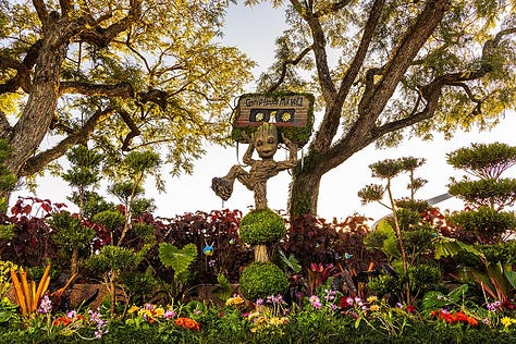 Various examples of topiary design, from ancient Rome to suburban California.