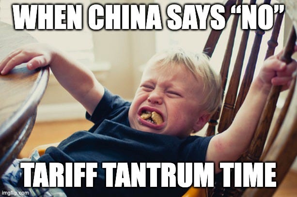 Meme of a toddler throwing a tantrum with the caption ‘When China says no — Tariff tantrum time,’ used in Beating the Tide Weekly #51 to illustrate market overreaction to new U.S.–China tariff threats.