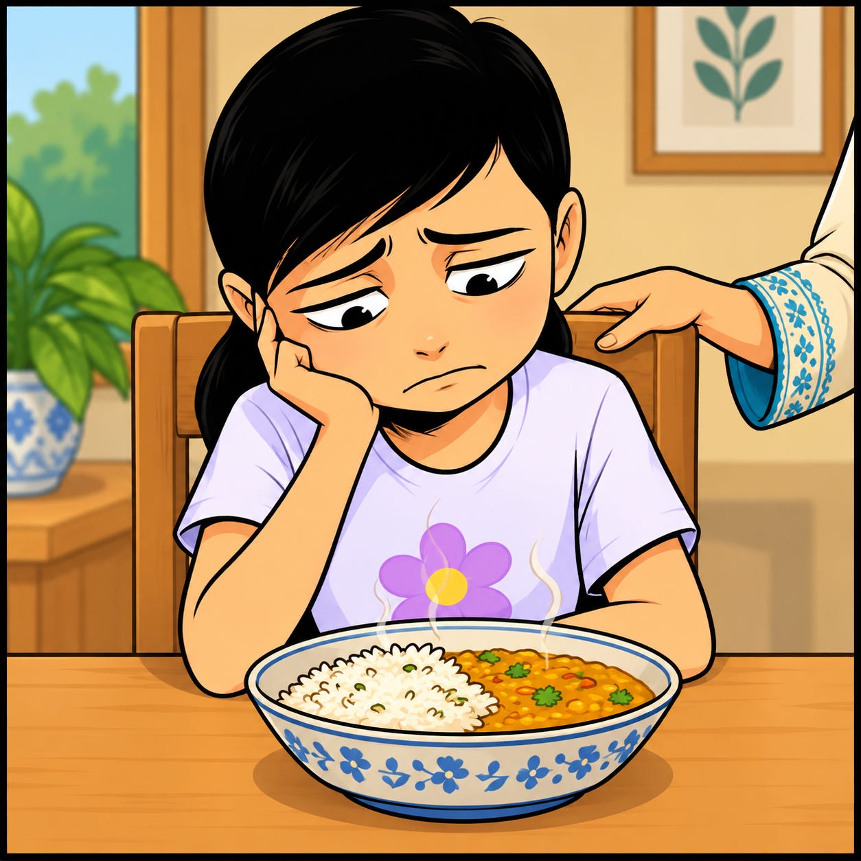 Zara dramatically stares at a plate of daal chawal