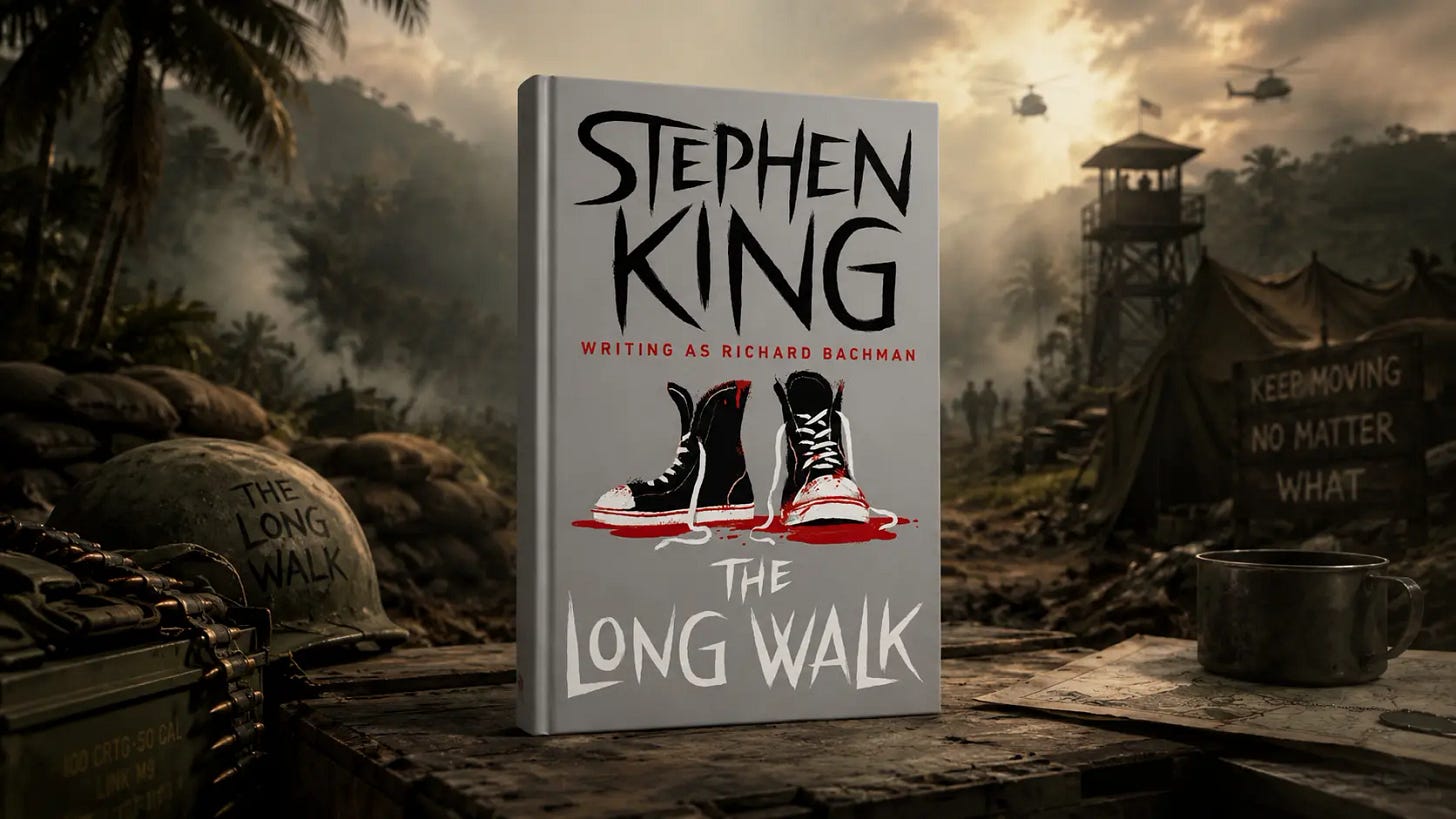 A hardcover edition of Stephen King’s The Long Walk stands upright on a worn military crate in a smoky Vietnam War-inspired jungle scene. A hardcover edition of Stephen King’s The Long Walk stands upright on a worn military crate in a smoky Vietnam War-inspired jungle scene.