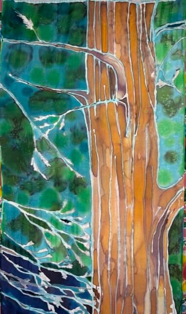 Silk painting showing detailed cypress tree trunk with textured bark