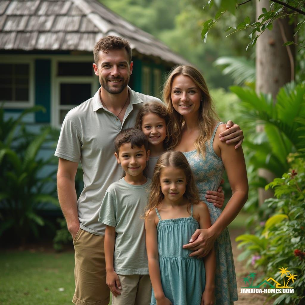 A beautiful white mixed-race family, dressed in casual island attire, standing together in front of their Jamaican home, surrounded by lush Caribbean greenery, selling their property, cinematic film still, infused with warm film grain, subtle vignette, and vibrant color grading, shot on a high-end V-Raptor XL camera, with cinematic lighting, reminiscent of 35mm film, in a live-action, atmospheric masterpiece, with an epic and stunning dramatic tone, inspired by the styles of Emmanuel Lubezki, Roger Deakins, and Hoyte van Hoytema.