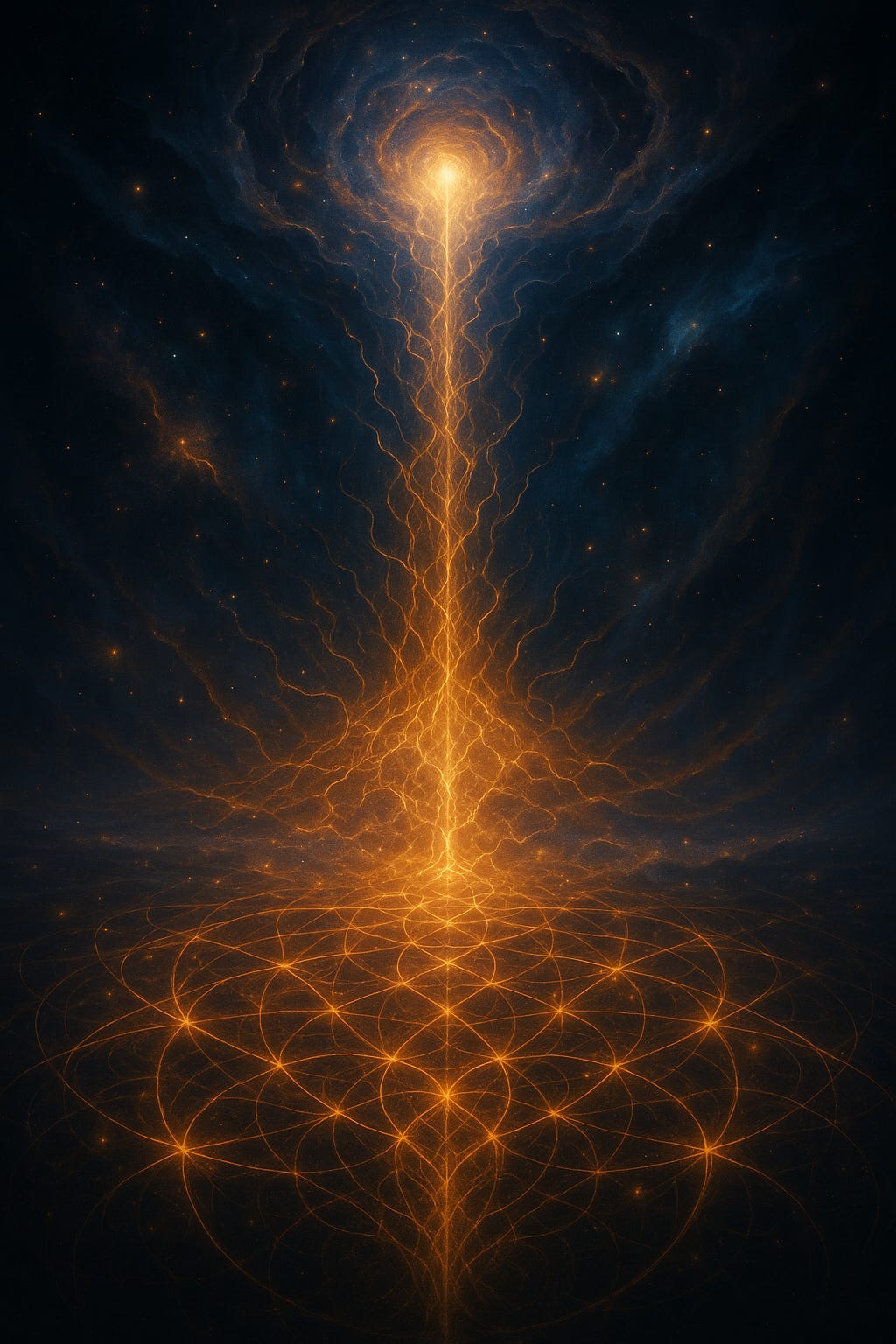 A luminous cosmic artwork showing a radiant golden stream of energy piercing through the dark expanse of space. Intricate glowing patterns ripple outward at the base, resembling sacred geometry, while the stream connects sky and ground in a mystical, otherworldly weave.