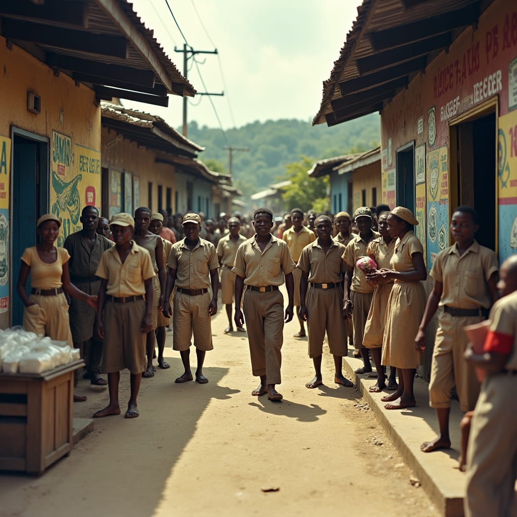 A Jamaican town street in 1941, with people of all ages dressed in worn, earth-toned clothing, queuing patiently for rationed goods, their faces etched with determination. Storefronts display scarce commodities, such as sugar, flour, and soap, with signs like "Rationed: 1lb per person" and "War Effort: Conserve, Reuse, Recycle". Colorful posters plastered on walls and buildings promote community unity and wartime slogans: "Jamaica United for Victory" and "Grow Your Own Food". In the background, humble wooden houses with tin roofs and lush gardens reflect the community's resourcefulness in the face of adversity. Price control notices are pinned to shop doors, and volunteers in armbands direct the crowds. Cinematic lighting casts long shadows, accentuating the vibrant colors of the tropical surroundings. A Jamaican town street in 1941, with people of all ages dressed in worn, earth-toned clothing, queuing patiently for rationed goods, their faces etched with determination. Storefronts display scarce commodities, such as sugar, flour, and soap, with signs like "Rationed: 1lb per person" and "War Effort: Conserve, Reuse, Recycle". Colorful posters plastered on walls and buildings promote community unity and wartime slogans: "Jamaica United for Victory" and "Grow Your Own Food". In the background, humble wooden houses with tin roofs and lush gardens reflect the community's resourcefulness in the face of adversity. Price control notices are pinned to shop doors, and volunteers in armbands direct the crowds. Cinematic lighting casts long shadows, accentuating the vibrant colors of the tropical surroundings.