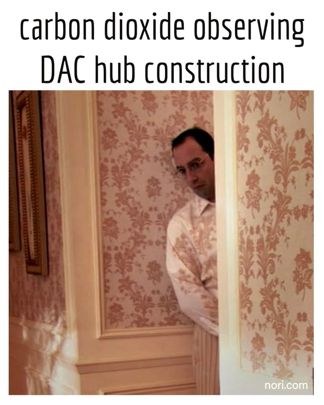 A man peering nervously around a doorway in a wallpapered room, under the text "carbon dioxide observing DAC hub construction".