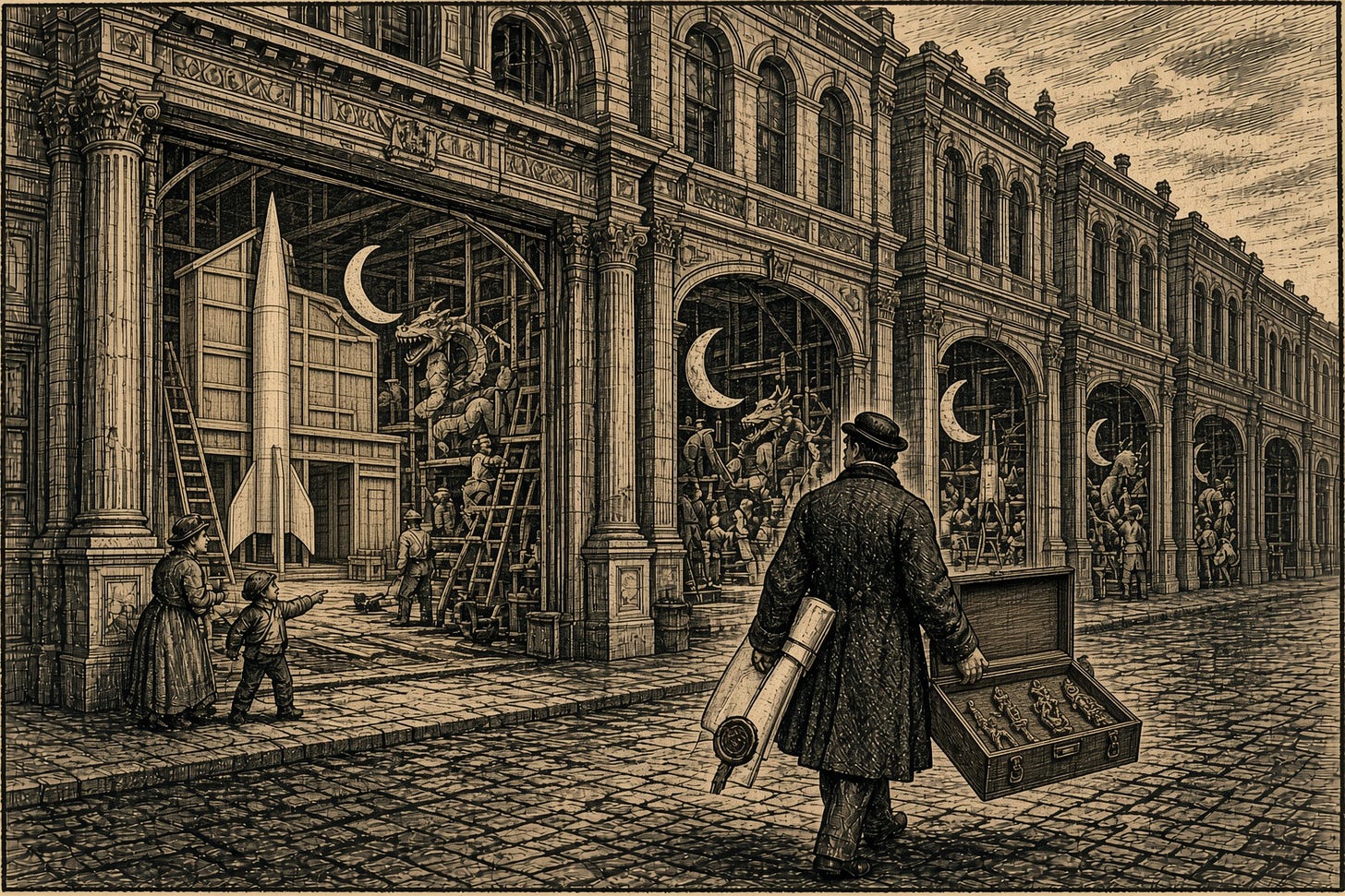 Wood-engraving editorial illustration in the Thomas Nast Harper's Weekly style for Attention Capital's essay Hollywood Copied the Wrong Half of Star Wars, showing a street of 19th-century theaters all building the same spectacular scenery while one figure walks away carrying a sealed deed and a case of cast figurines and their molds. The image argues Section I: Hollywood copied the tentpole, the franchise, and the toy aisle from Star Wars and left the ownership half of the Lucas deal on the table. Keywords: Star Wars merchandising rights, franchise strategy, George Lucas sequel rights, studio economics, media finance. Wood-engraving editorial illustration in the Thomas Nast Harper's Weekly style for Attention Capital's essay Hollywood Copied the Wrong Half of Star Wars, showing a street of 19th-century theaters all building the same spectacular scenery while one figure walks away carrying a sealed deed and a case of cast figurines and their molds. The image argues Section I: Hollywood copied the tentpole, the franchise, and the toy aisle from Star Wars and left the ownership half of the Lucas deal on the table. Keywords: Star Wars merchandising rights, franchise strategy, George Lucas sequel rights, studio economics, media finance.