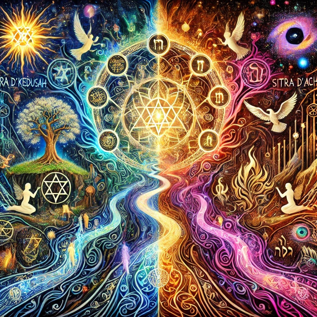 An artistic depiction of the spiritual realms in a Kabbalistic style, illustrating the contrast between sitra d'kedusah (the side of holiness) and sitra d'achra (the side of impurity). The image should feature mystical symbols, vibrant colors representing divine light, and darker tones representing impurity. Include elements such as the Tree of Life, angels, and paths of light and darkness to symbolize the journey through spiritual dimensions. The overall composition should evoke a sense of profound spiritual awakening and discernment.