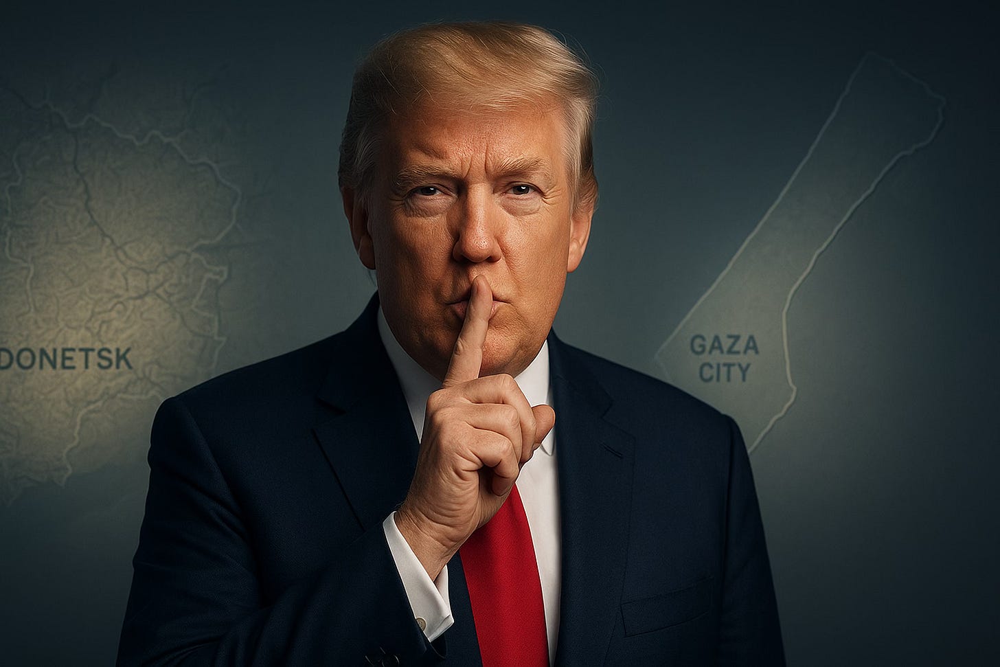 AI-generated image depicting Donald Trump making a “shush” gesture with his finger on his lips, wearing a suit and red tie, with a map of Donbas and the Gaza Strip in the background.