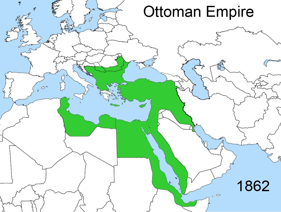 Map of the Ottoman Empire in Eighteen sixty two shows an empire reaching north into the European Balkans and Southwest into North Africa and the Arabian coast. Map of the Ottoman Empire in Eighteen sixty two shows an empire reaching north into the European Balkans and Southwest into North Africa and the Arabian coast.